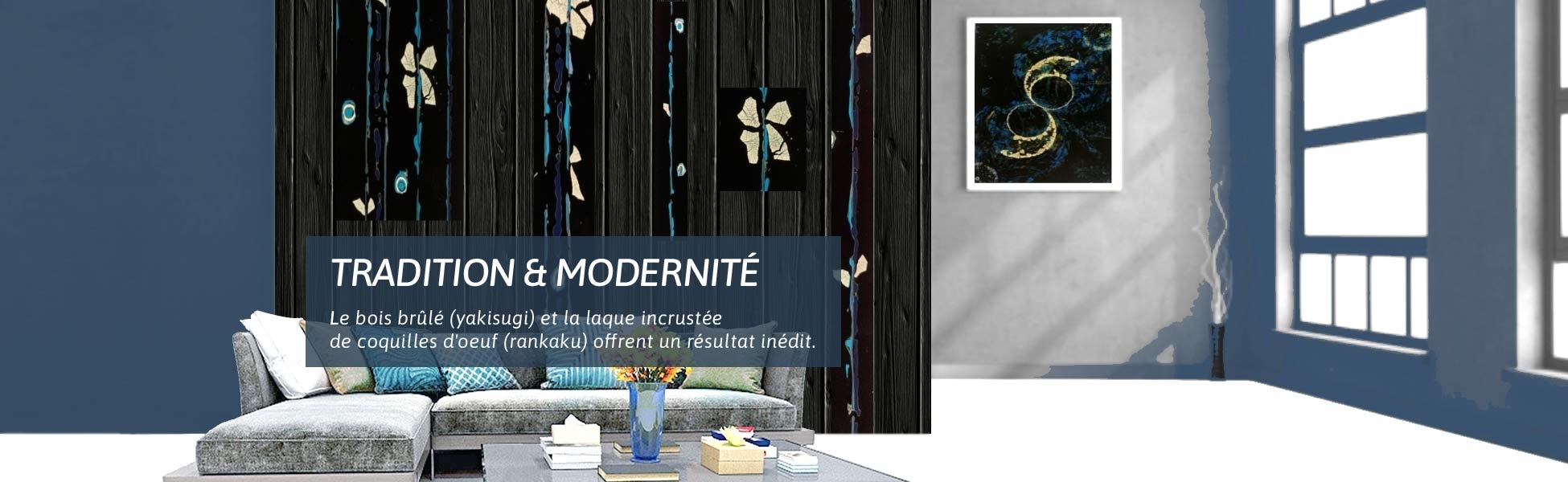 bois brûlé et laque incrustée de coquilles d'oeuf